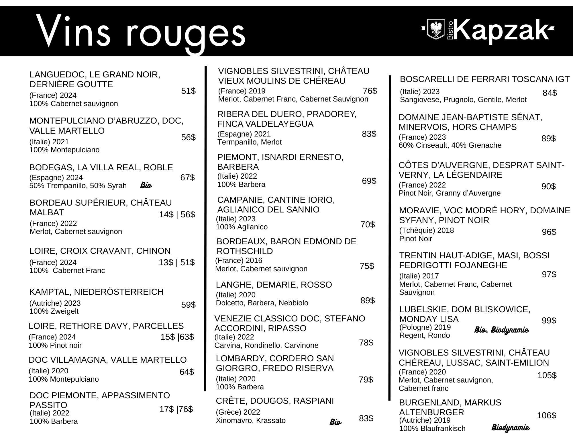 Liste de vins rouges avec leurs origines, années, cépages, descriptions et prix.