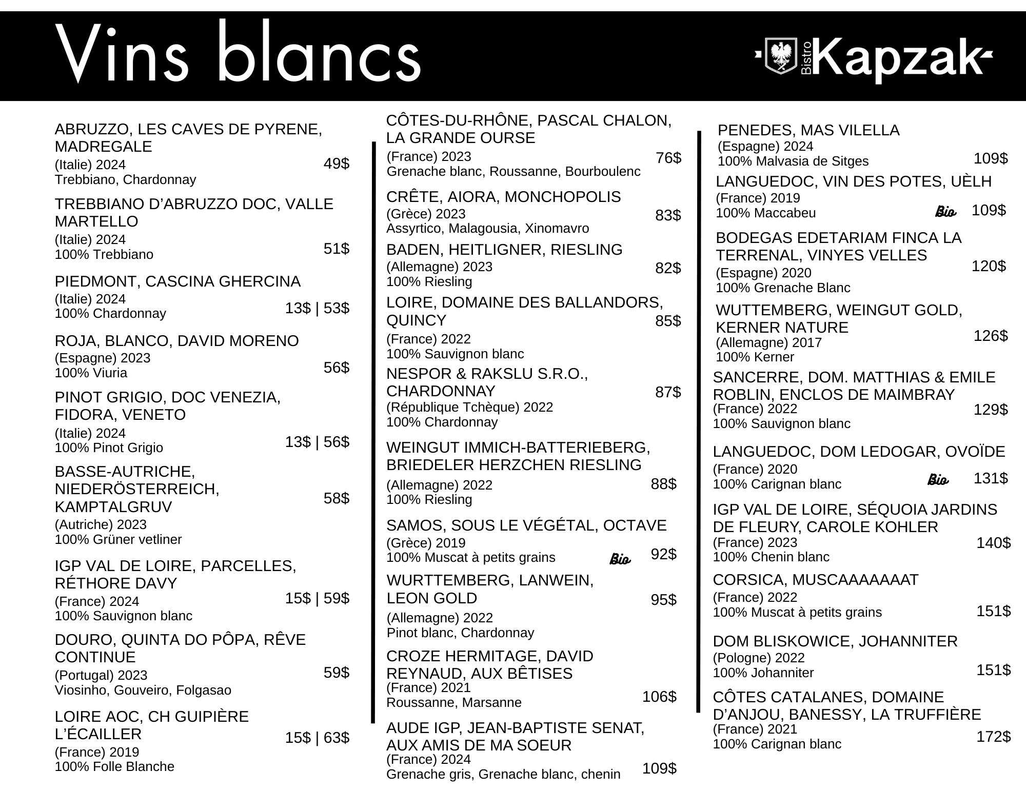 Menu de vins blancs présenté en trois colonnes avec noms, origines, années, descriptions et prix, au Bistrot Kapzak.