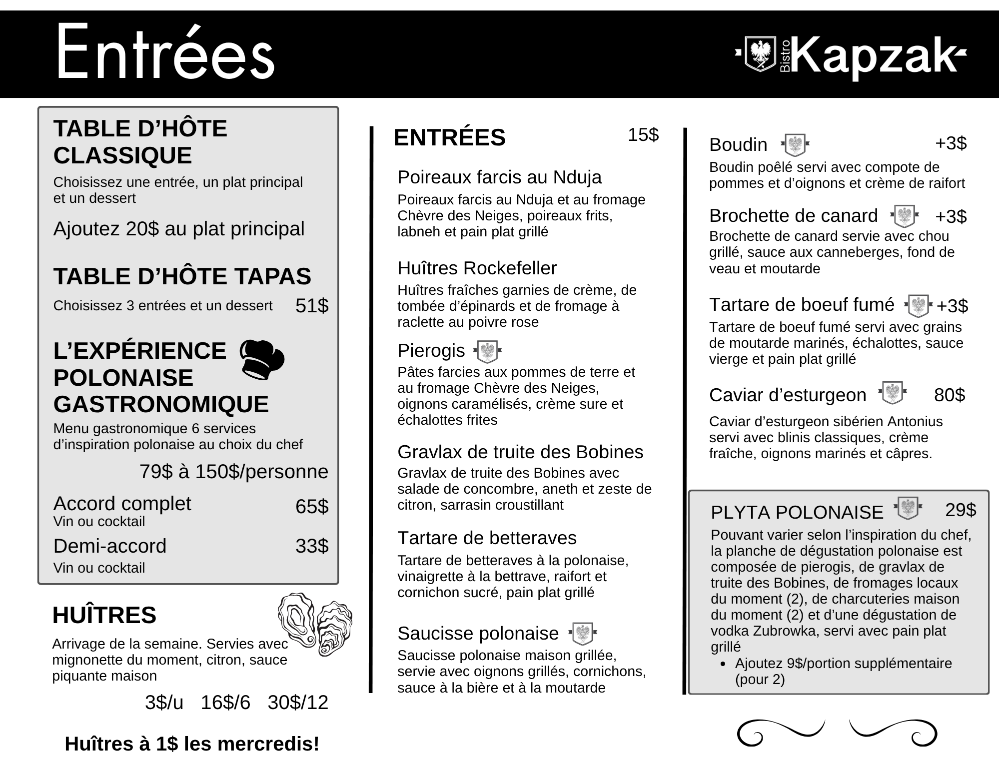 Menu de la section Entrées avec différentes plats, descriptions et prix, y compris poireaux farcis au Nduja, huîtres Rockefeller, gravlax de truite, tartare de betteraves, caviar d'esturgeon, et autres, avec options de prix et accompagnements.