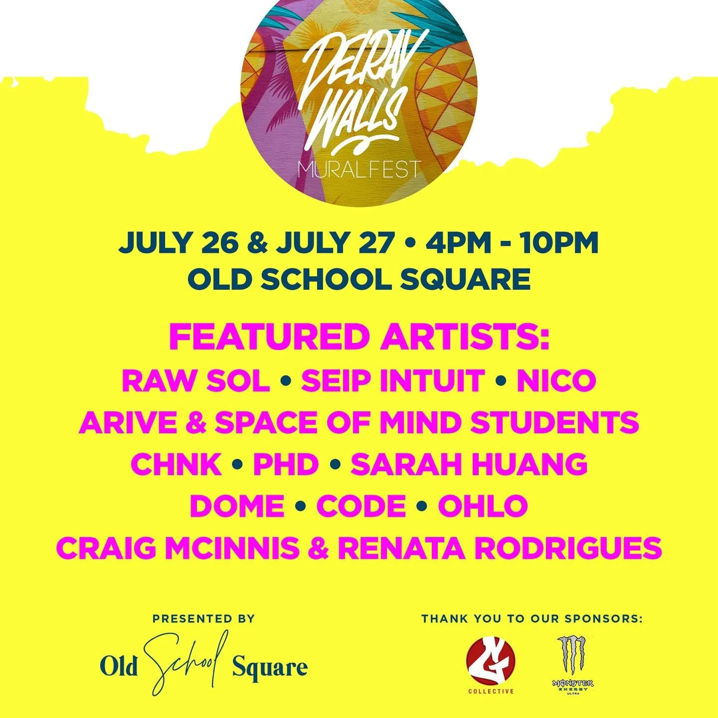 Join us for #DelrayWalls this weekend at @delrayoldschoolsquare! Come see incredible street art, listen to music, and have a great time! 7/26 &amp; 7/27 from 4pm to 10pm. See you there!
-
Artists : @raw.sol @seip.intuit @nicosuavalicious @maxart_miam