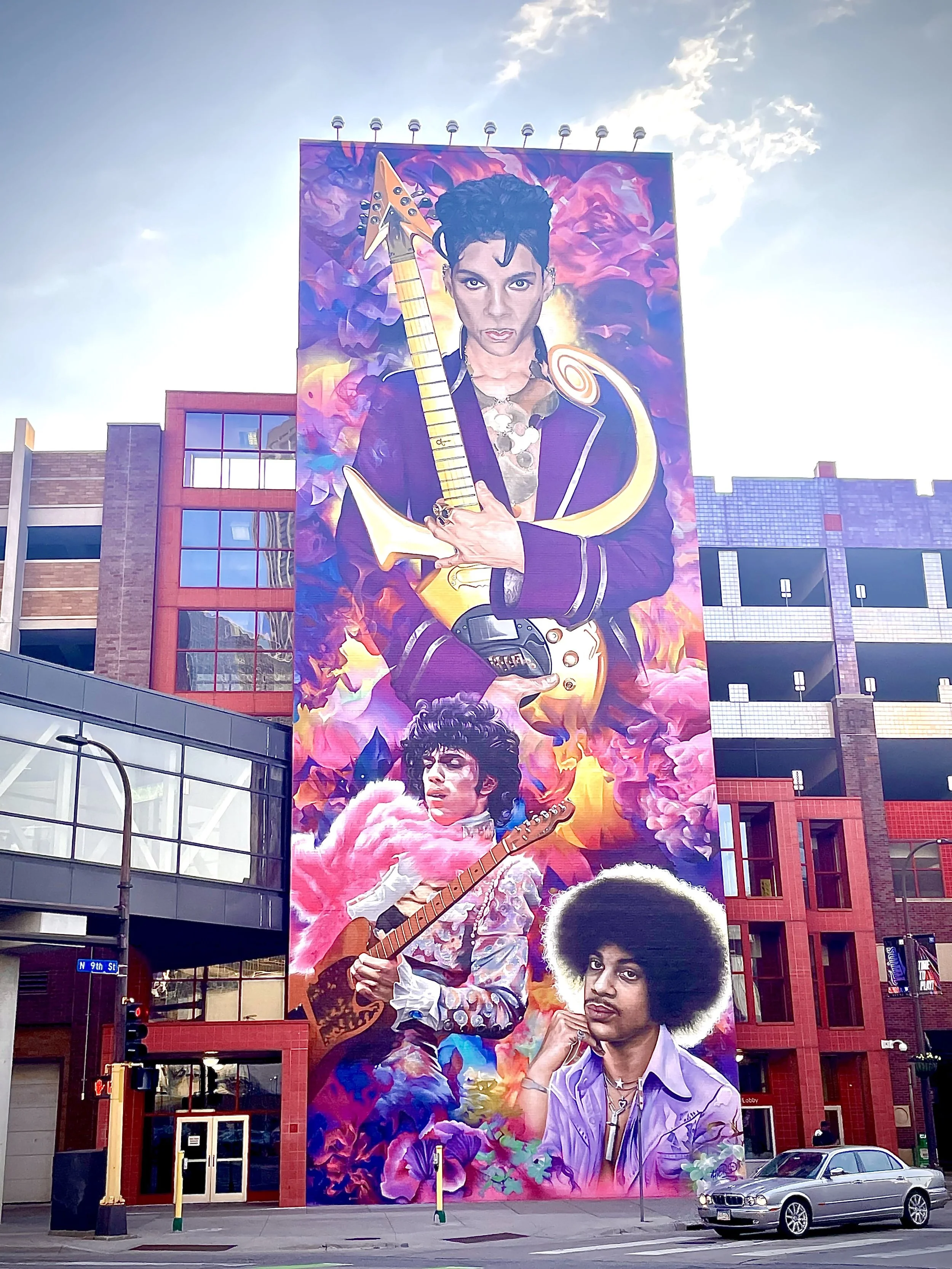 Iconic Prince tribute mural by Hiero Veiga in Minneapolis Minnesota