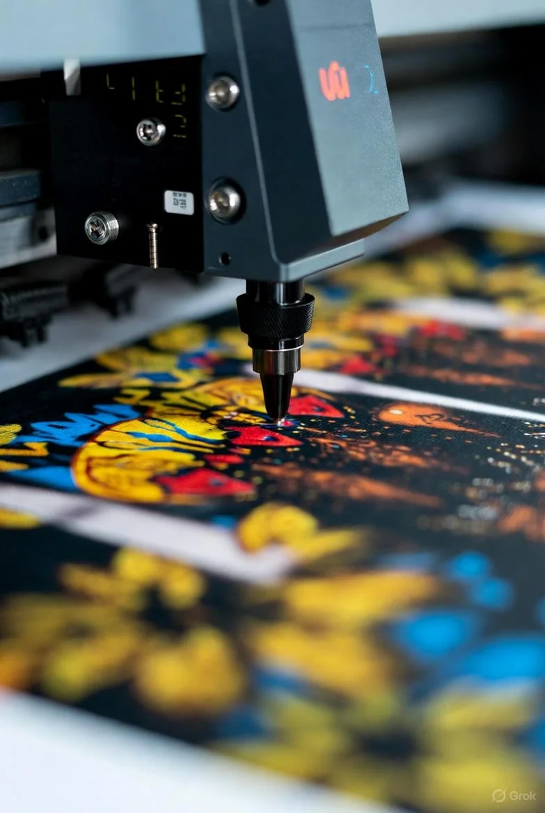 Close-up of a laser engraving machine working on a colorful printed surface.