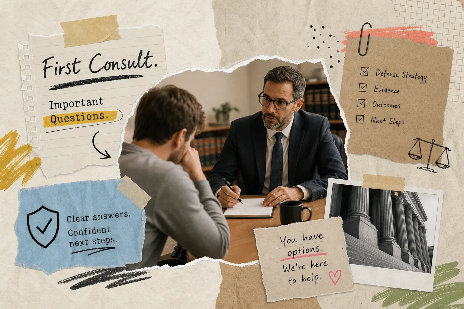 A man in a suit and glasses conducts a consultation with a younger man in a gray hoodie, seated at a wooden table in an office setting with bookshelves and plants in the background.