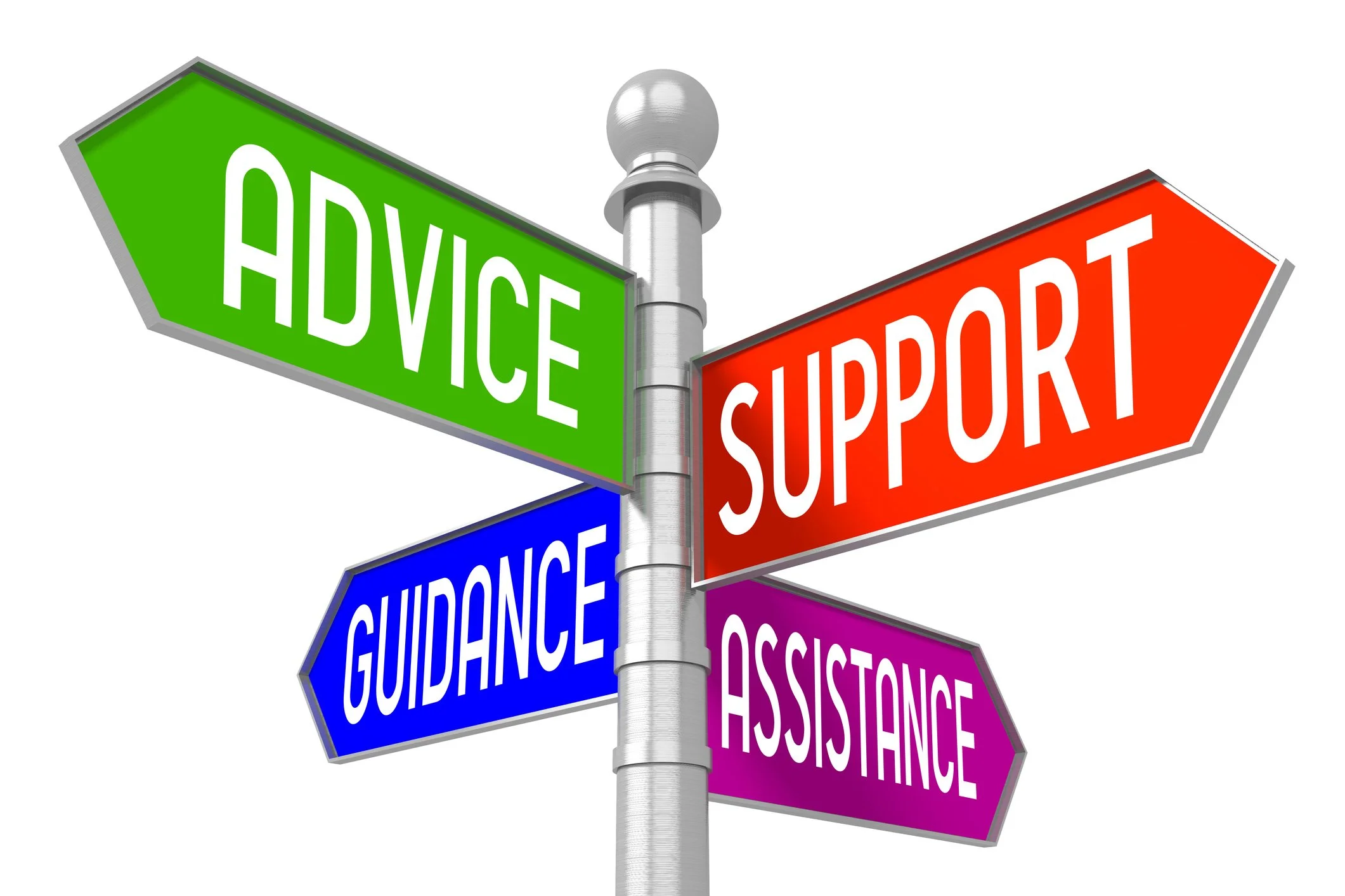 sign with directions pointing to help, support, guidance and assistance,