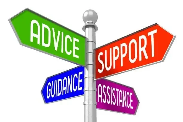 sign with support, advice, guidance, assitance