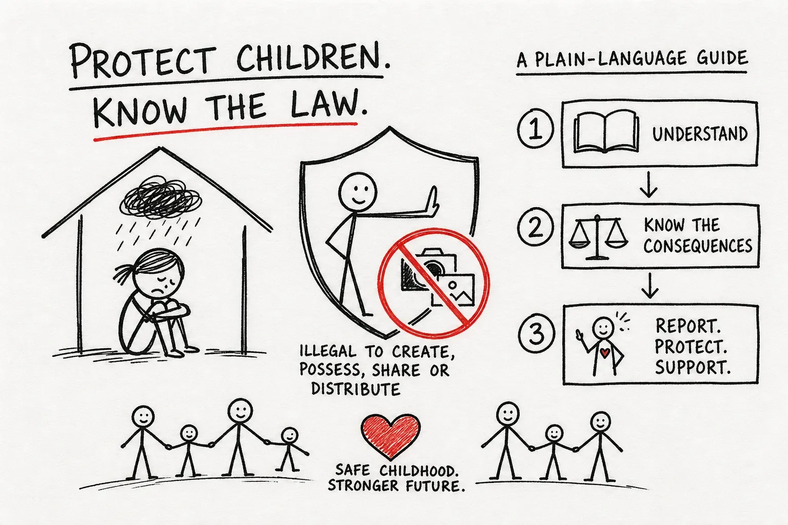 a stick person drawing of children holding hands, a child in a storm within a house, and phrases on how to protect children