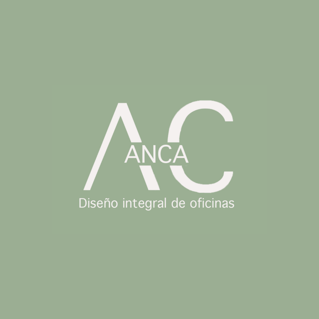 Logo de AC con la leyenda 'Diseño integral de oficinas' en un fondo verde suave.