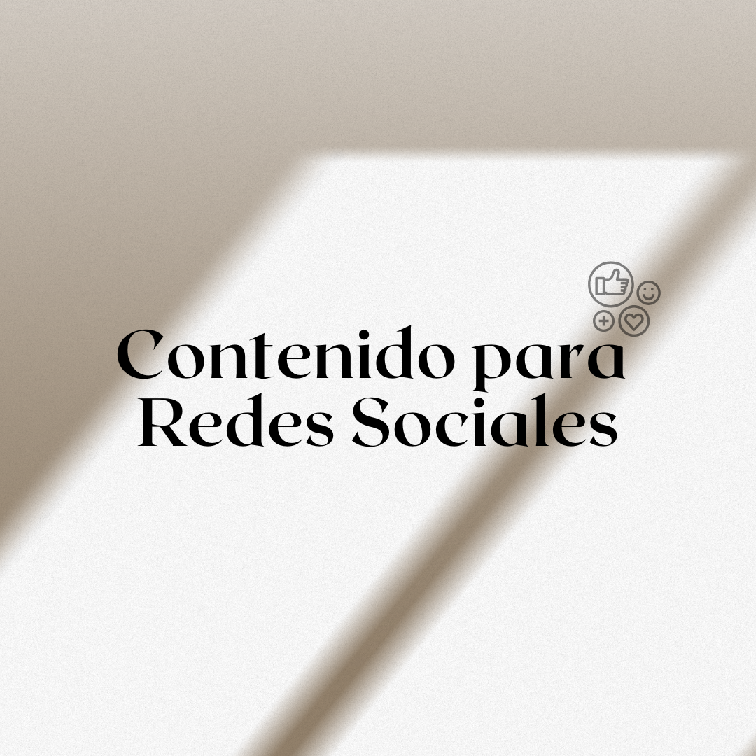 Texto en portada que dice 'Contenido para Redes Sociales' con íconos de 'me gusta', 'reacciones felices', 'más', y 'corazón' en la esquina superior derecha.