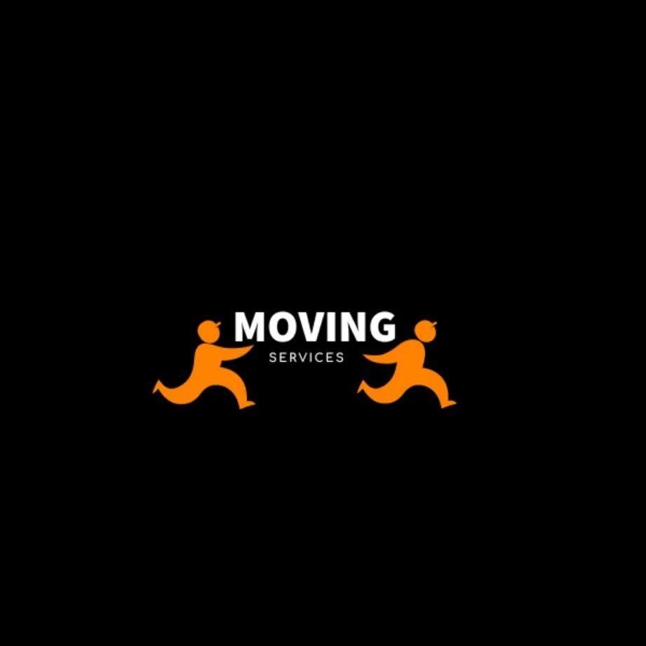 Logo de servicio de mudanzas con dos figuras humanas en movimiento, en color naranja, y palabras 'MOVING SERVICES' en el centro sobre fondo negro.