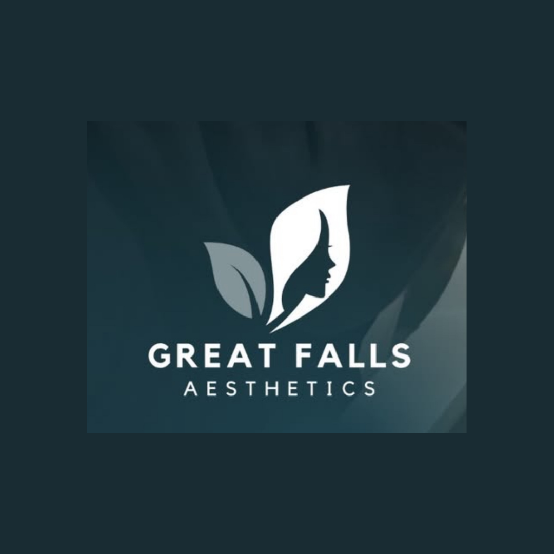 Logotipo de Great Falls Aesthetics, que muestra una silueta de rostro femenino en línea con una hoja, con el texto 'GREAT FALLS AESTHETICS' debajo.