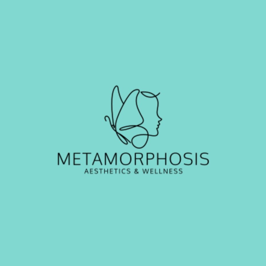 Logotipo de Metamorphosis Aesthetics & Wellness con un diseño de línea simple de un rostro femenino en perfil sobre fondo azul.