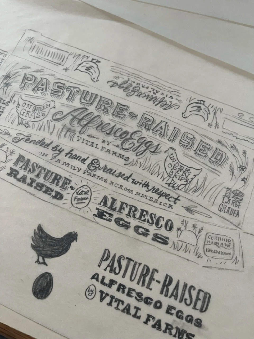 Hand-drawn label for a farm product, specifically pasture-raised eggs and chickens, with decorative illustrations of a chicken and an egg, and handwritten text describing the product.