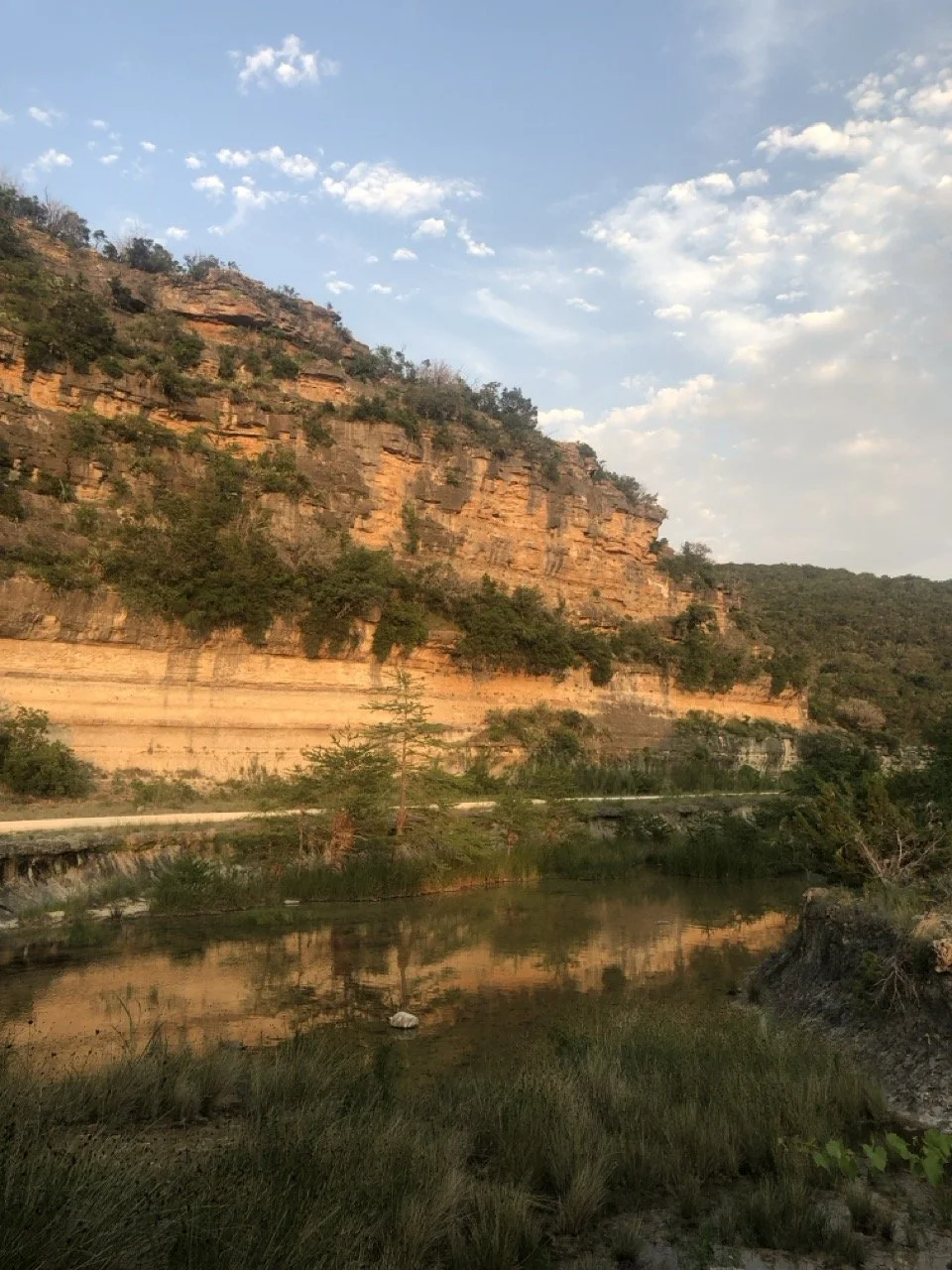 A scenic landscape with a layered rocky cliffside, green trees, a calm river reflecting the sky and cliffs, and a partly cloudy sky overhead.