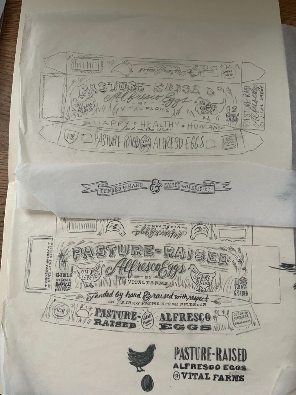 Sketches of pasture-raised eggs packaging designs, including text such as "Pasture-Raised Eggs by Vital Farms," "Alfresco Eggs," and promotional phrases like "Happy, Healthy, Humane." The designs feature decorative elements, badges, and a handwritten