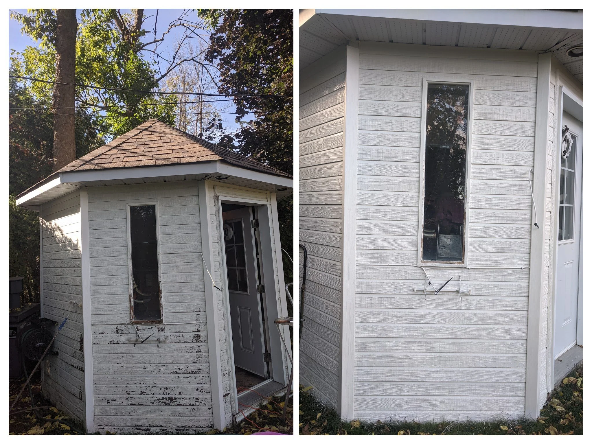 Comparison of a small white wooden shed before and after 