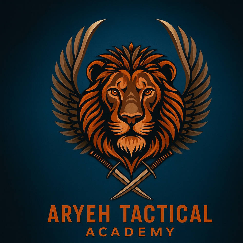 Logo of Aryeh Tactical Academy featuring a lion's face, wings, and crossed swords.