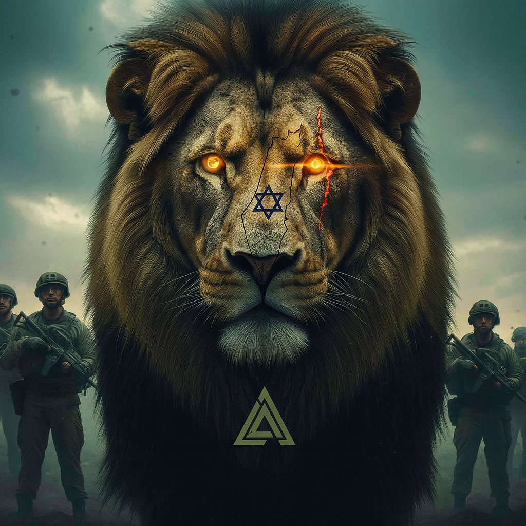 Digital artwork of a lion with glowing eyes, with a cracked face showing the Israeli flag and a lightning bolt, surrounded by soldiers.