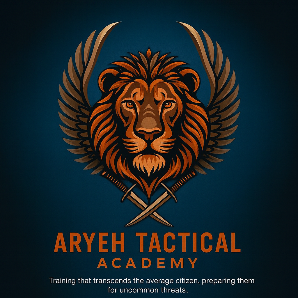 A logo for Aryeh Tactical Academy features a lion's head with a detailed mane, two crossed knives underneath, and a laurel wreath surrounding the lion. The background is dark blue. The text reads 'Aryeh Tactical Academy' and a tagline below states, 'Training that transcends the average citizen, preparing them for uncommon threats.'