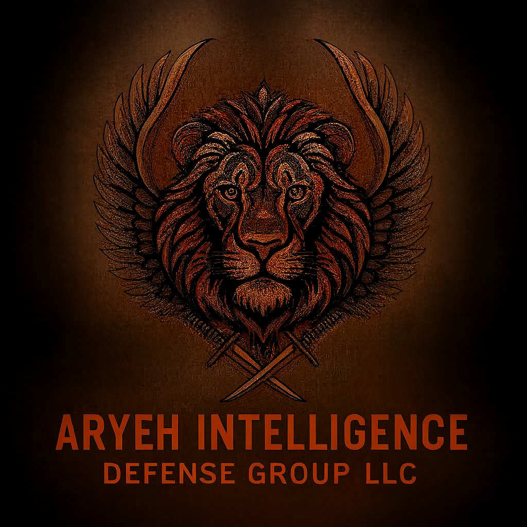 A logo featuring a fierce lion's face with detailed mane, framed by angelic wings, with two crossed swords underneath. Below, text reads "ARYEH INTELLIGENCE" in bold orange letters and "DEFENSE GROUP LLC" in smaller orange letters.