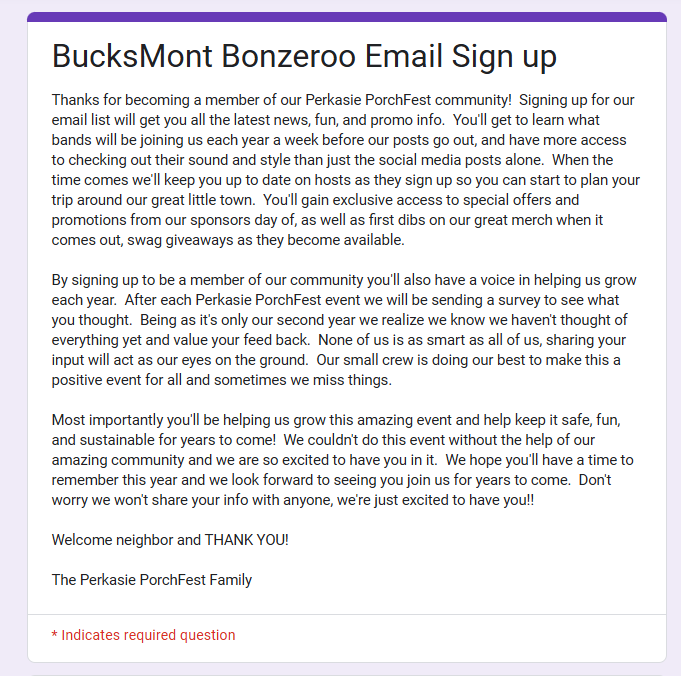 Screenshot of an email sign-up page for BucksMont Bonzeroo, a community event, with information about the event and signing up for updates.