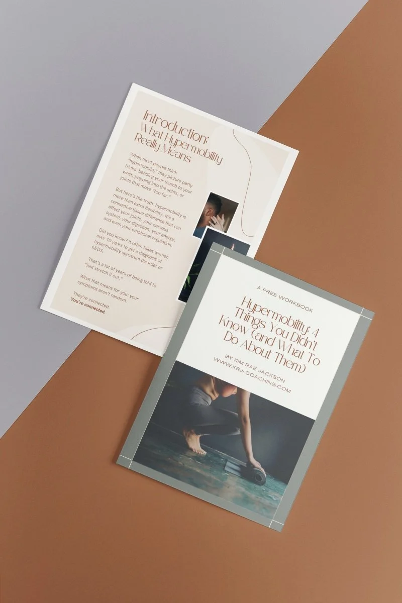 Free Workbook titled "Hypermobility: 4 Things You Didn’t Know and What to Do About Them" by Kim Rae Jackson, with a cover image of a person stretching on the floor, and an inner page with text and an image of a person touching their face.