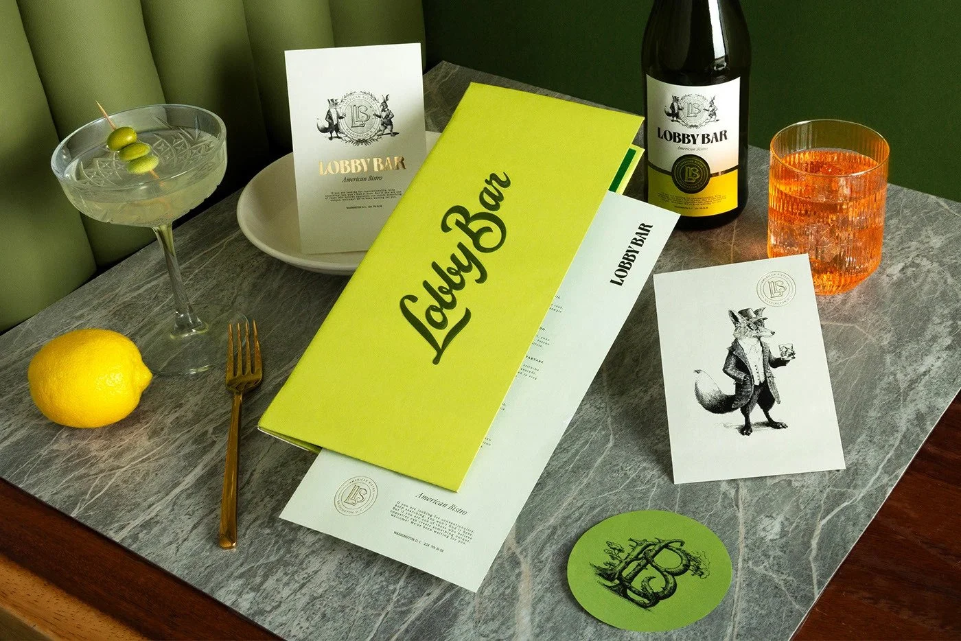 Lobby Bar restaurant brand suite with menu, wine label and more