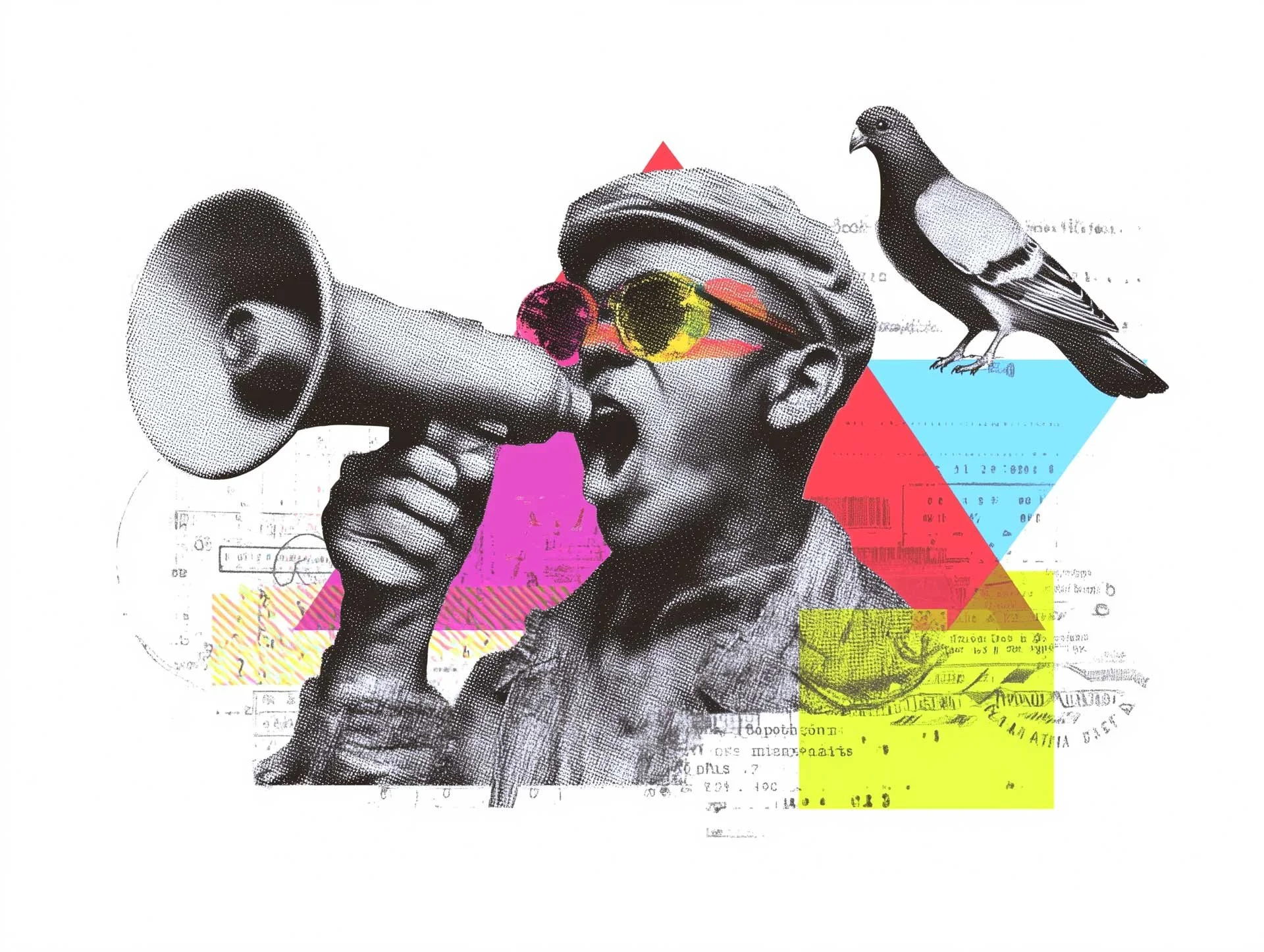 A black and white photocollage of a person shouting into a megaphone, wearing sunglasses, a beret, and jewelry. A bird and colorful geometric shapes decorate the collage.