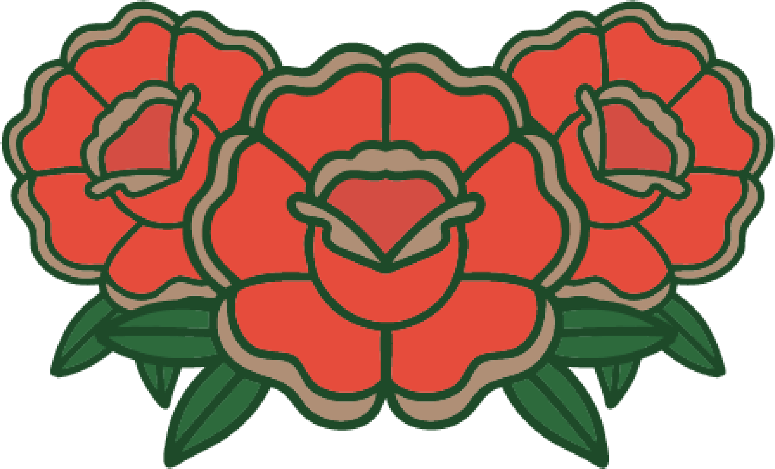 A stylized illustration of a red flower with green leaves and beige outlines.