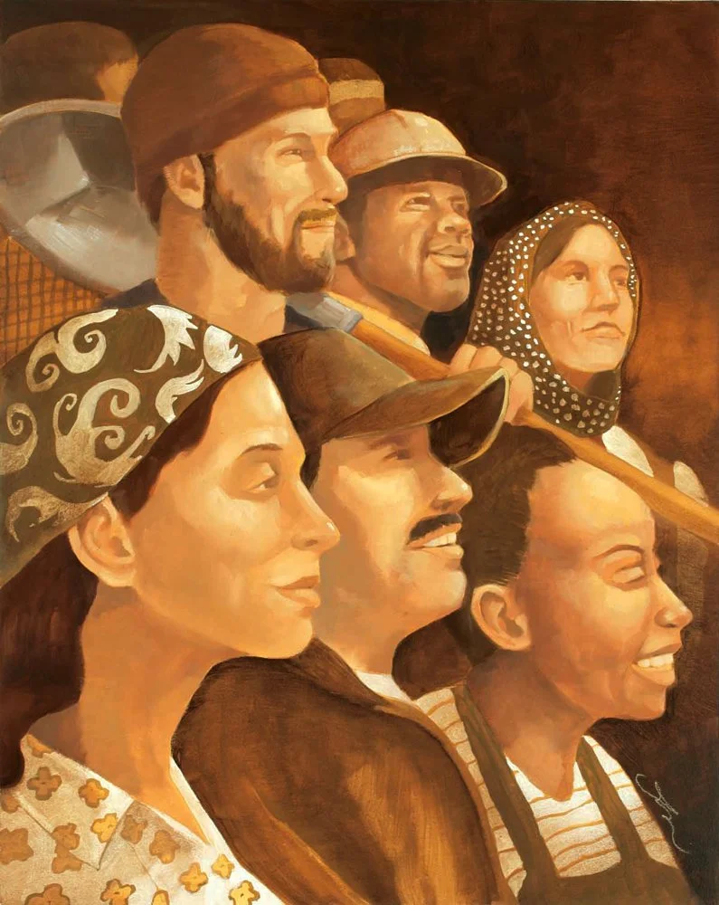 An illustration with a gold hue to it of a variety of types of workers of various ethnicities looking proudly into the distance.