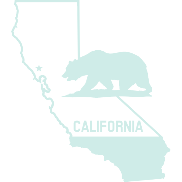 A teal background image of the California border with a star marking Santa Rosa and the California bear on it.
