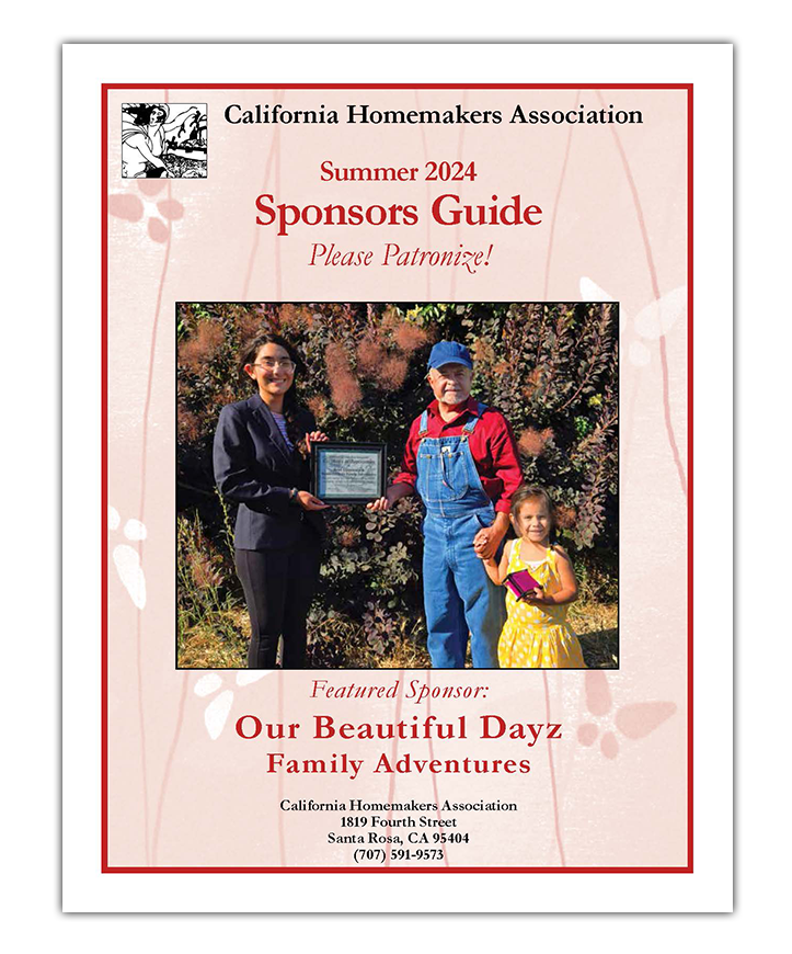 Front cover of CHA's Summer 2024 Sponsors Guide with a photo of a CHA volunteer presenting a Certificate of Appreciation to Our Beautiful Days Family Adventures, an older gentelemen in a red shirt with overalls and his granddaughter receive it.