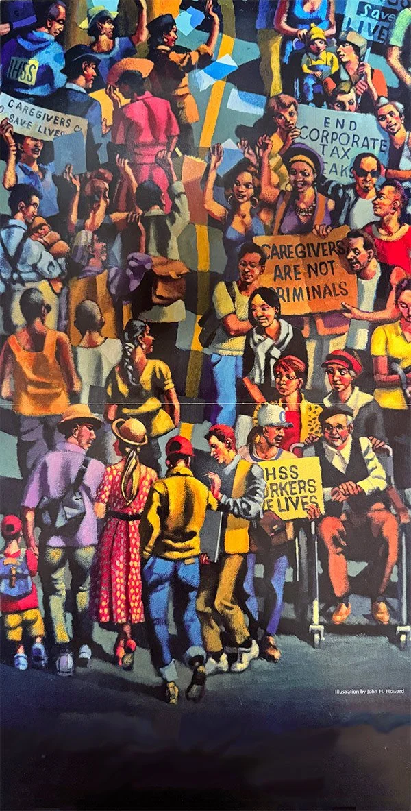A painting of men and women on a picket line for IHSS caregivers.