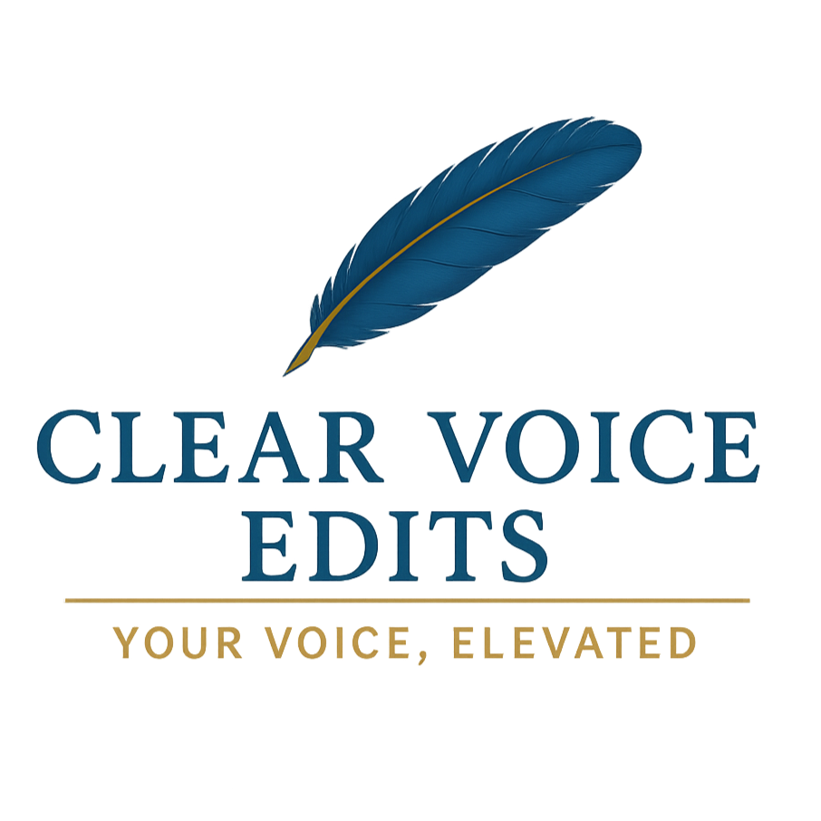 Logo for Clear Voice Edits featuring a teal feather pen and the tagline "Your voice, elevated."