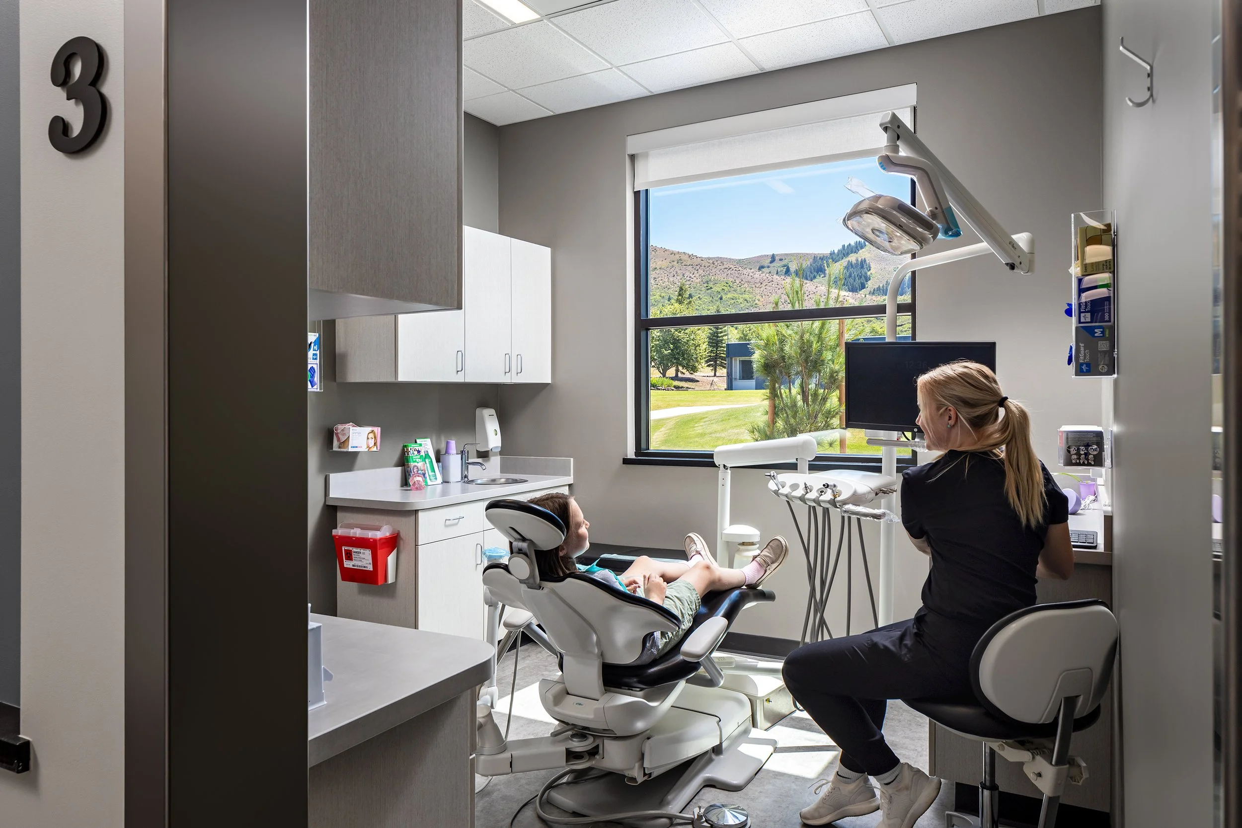 A young girl sitting in a dental chair inside a dentist's office, with a female dentist sitting nearby at a counter, both facing a large window showing a scenic outdoor landscape with hills and trees.