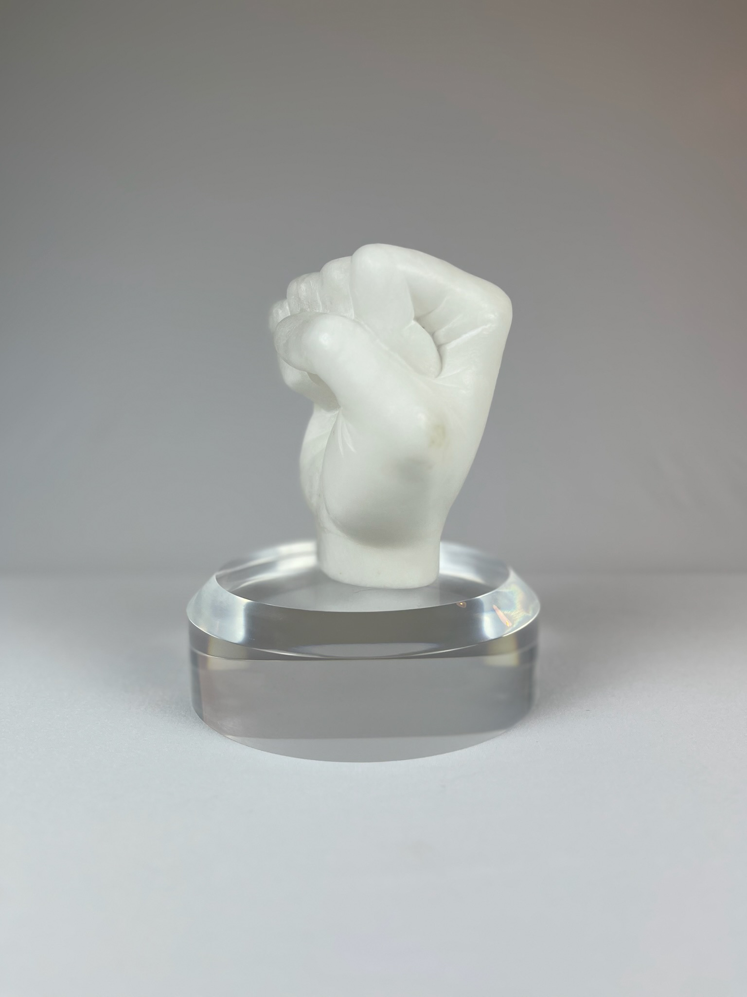 Pugno Destro No. 1, In progress, alabaster – 13 x 9 x 10 cm/ 5 x 3.5 x 4 in.