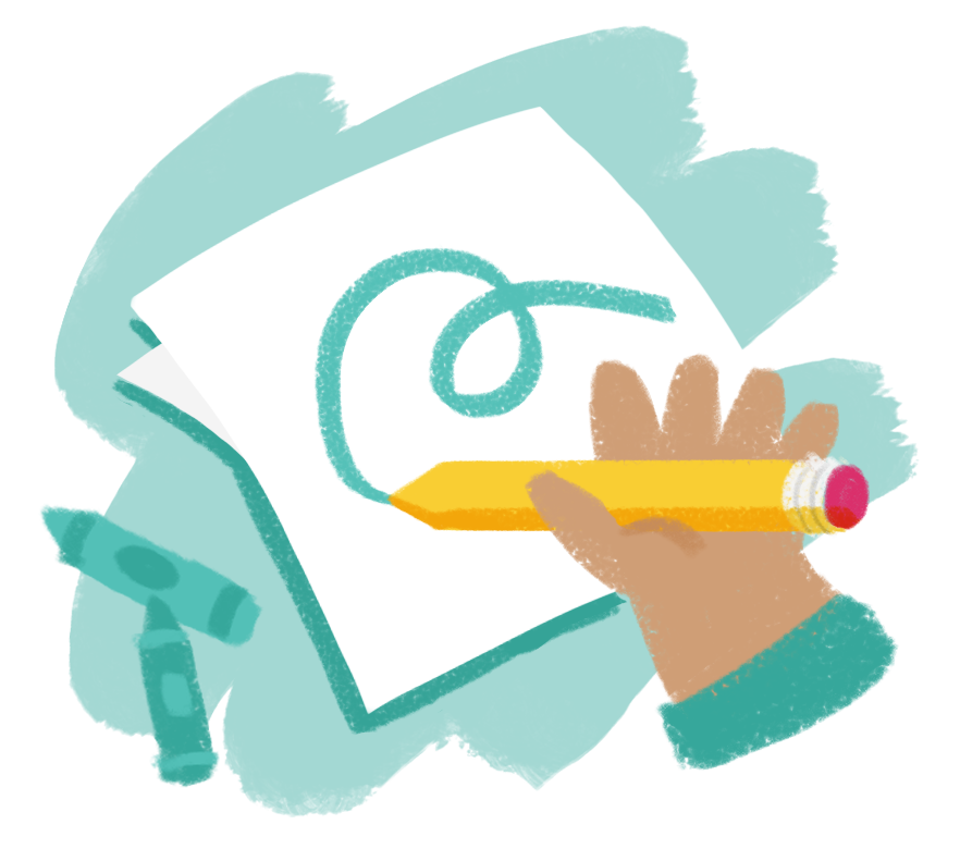 Crayon-like drawing of a hand drawing a squiggle