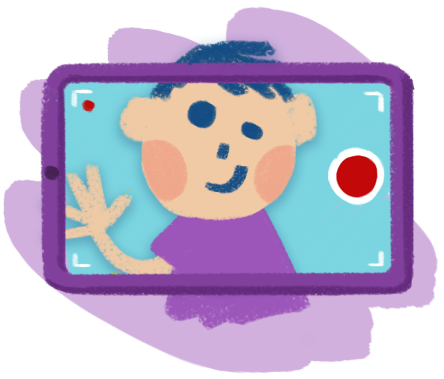 Crayon-like drawing of a child being recorded on a phone.