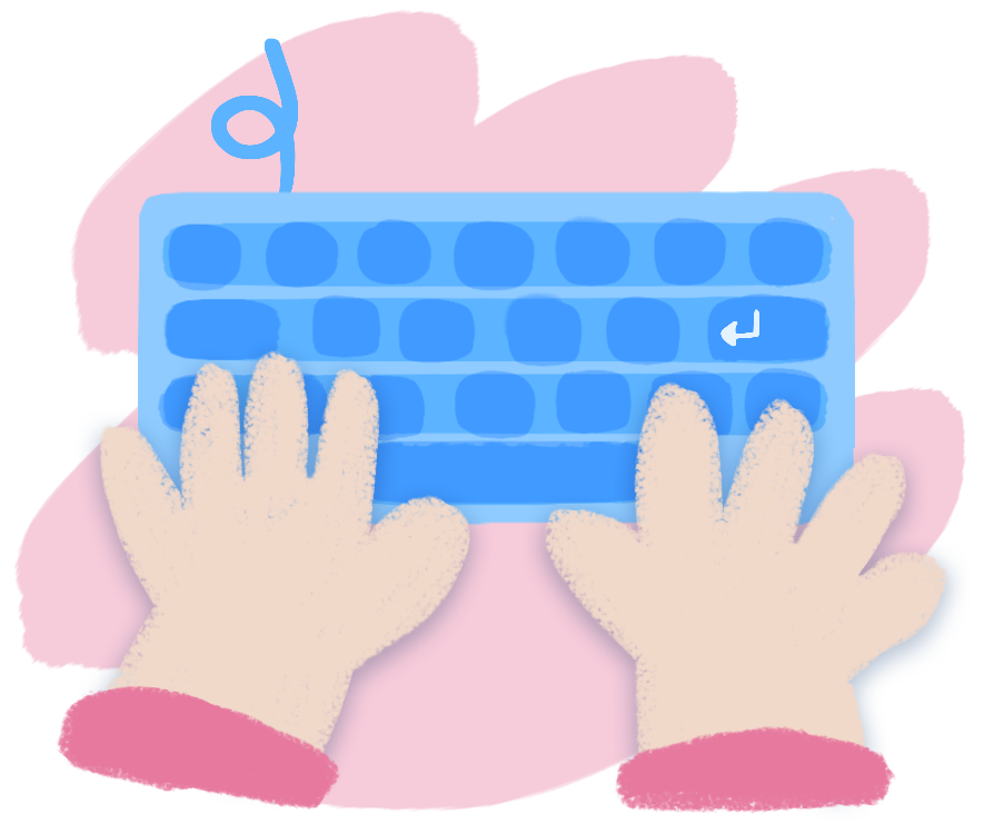 Hand drawn illustration of hands on a keyboard.