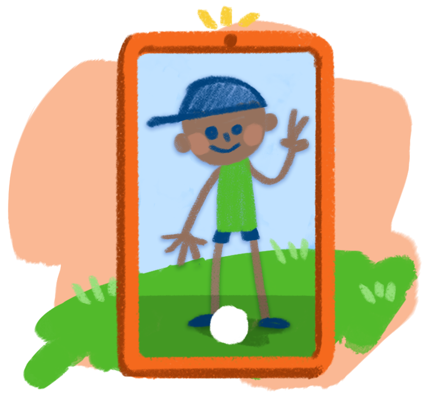 A crayon-like drawing of taking a photo of a child.