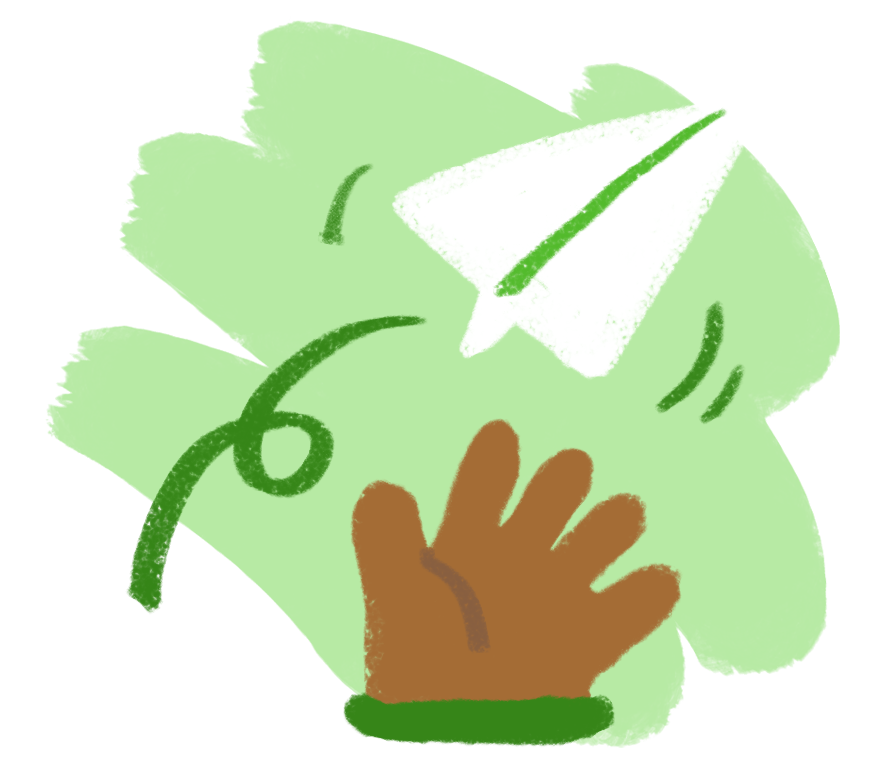 A crayon-like drawing of a hand throwing a paper airplane
