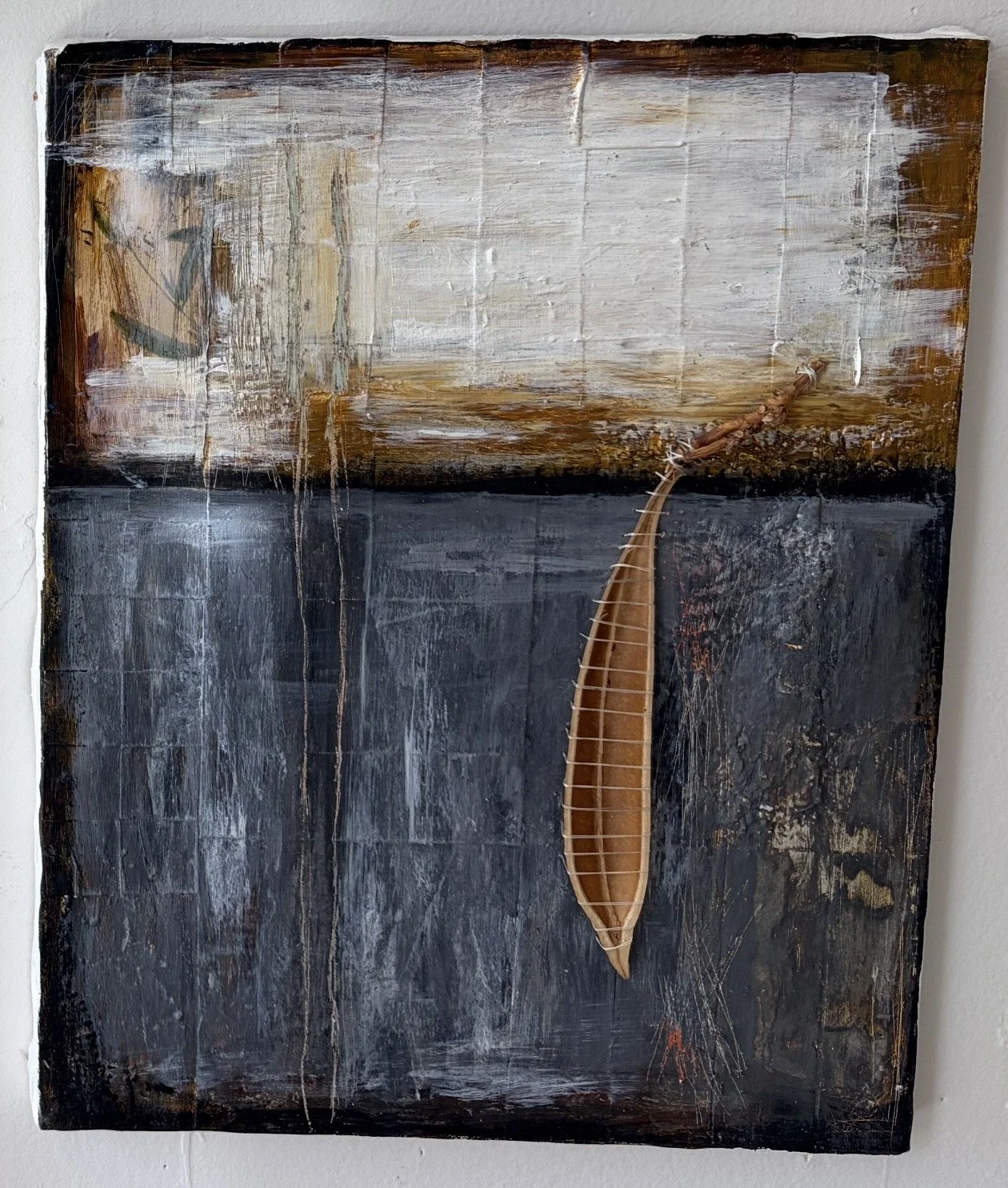 Stitched Pod 1, 2022
mixed media, acrylic, paper, found object, stitching
9" x 12"
$200