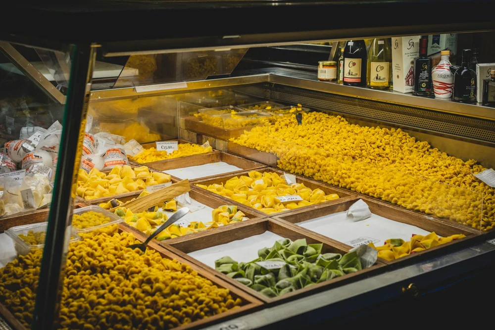 Fresh pasta at a counter in Emilia-Romagna