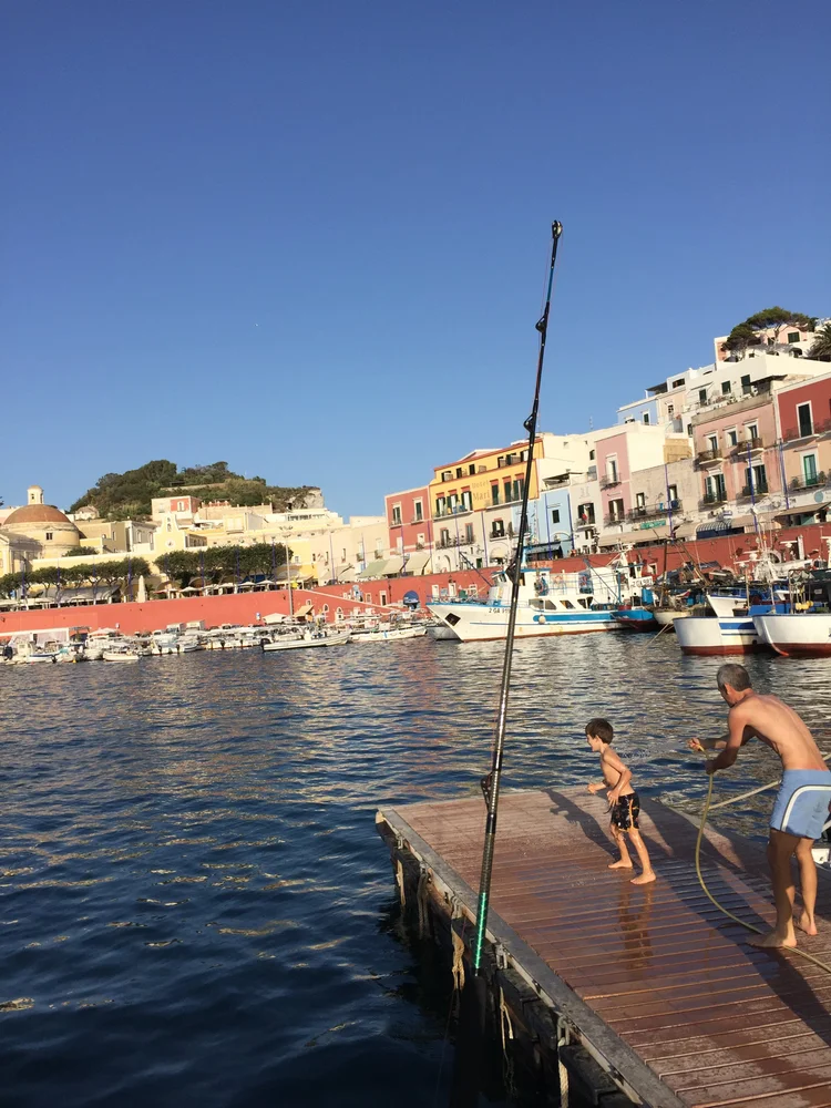 An adult and a child jumping from a dock into the water