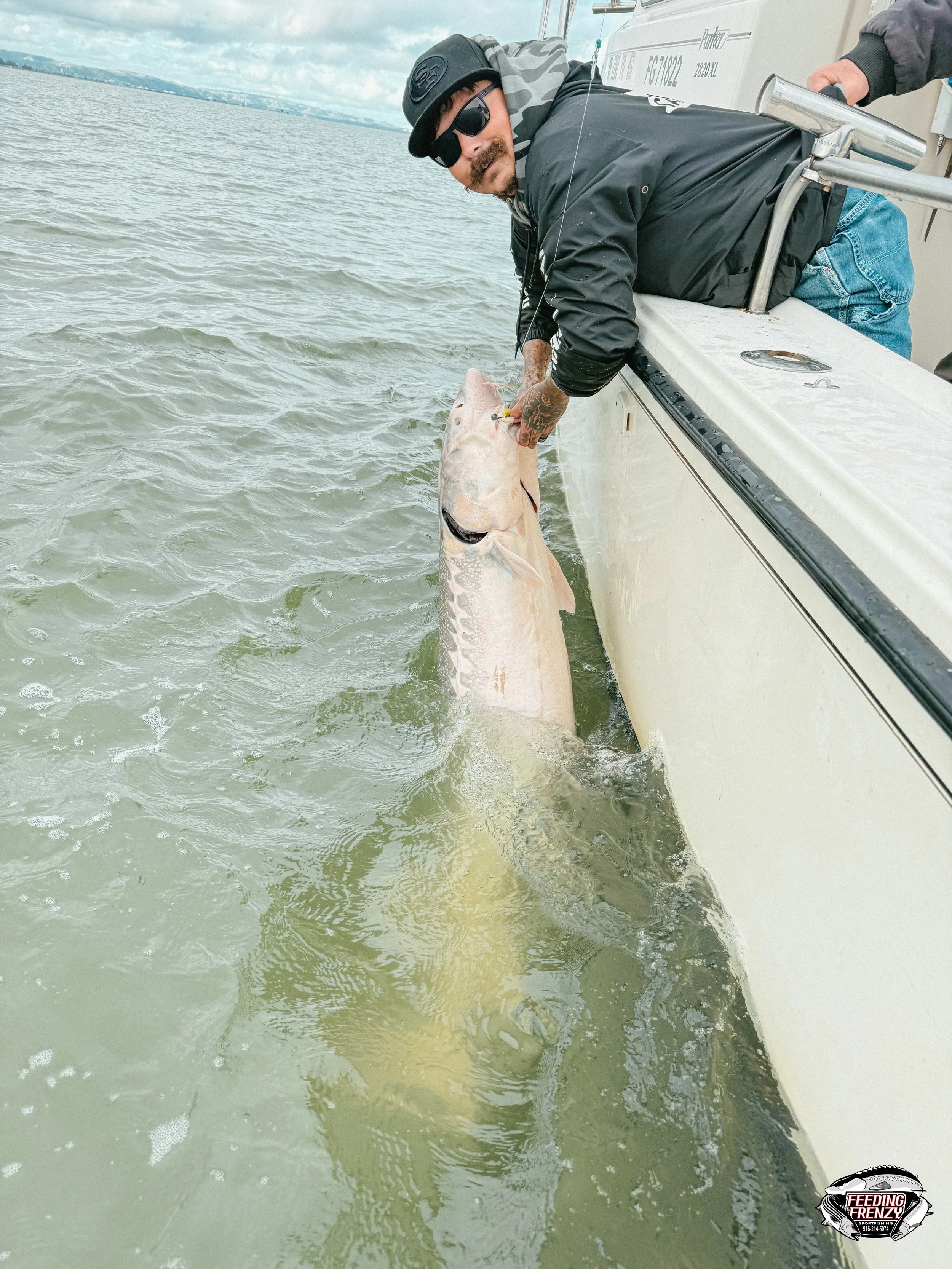 Man with sunglasses and a hoodie on a boat holding a large fish in the water.