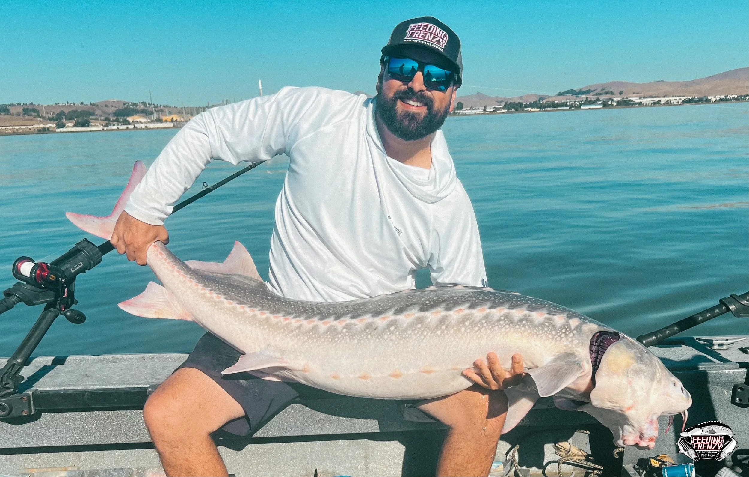 Man with sunglasses and a beard holding a large fish on a boat, with a background of water and distant shoreline