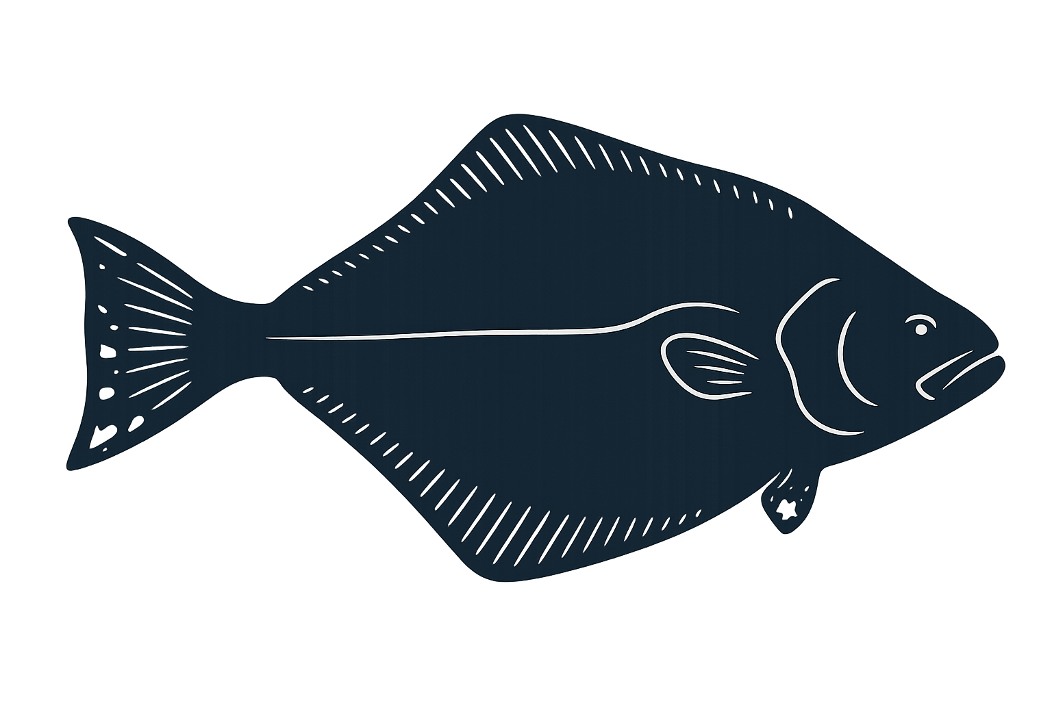 Minimalist illustration of a fish with darker body color and white outline details on a black background.