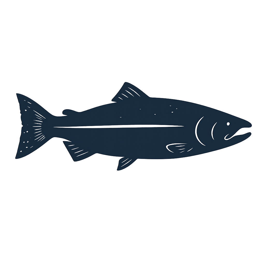 Illustration of a fish, dark blue in color, with a streamlined body, fins, and an open mouth.