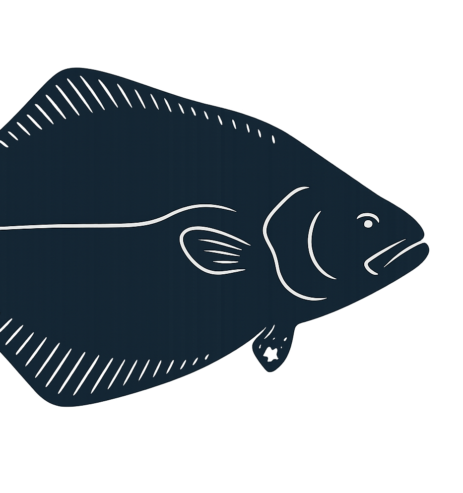 Illustration of a flat, stylized fish in dark blue with white outline details.