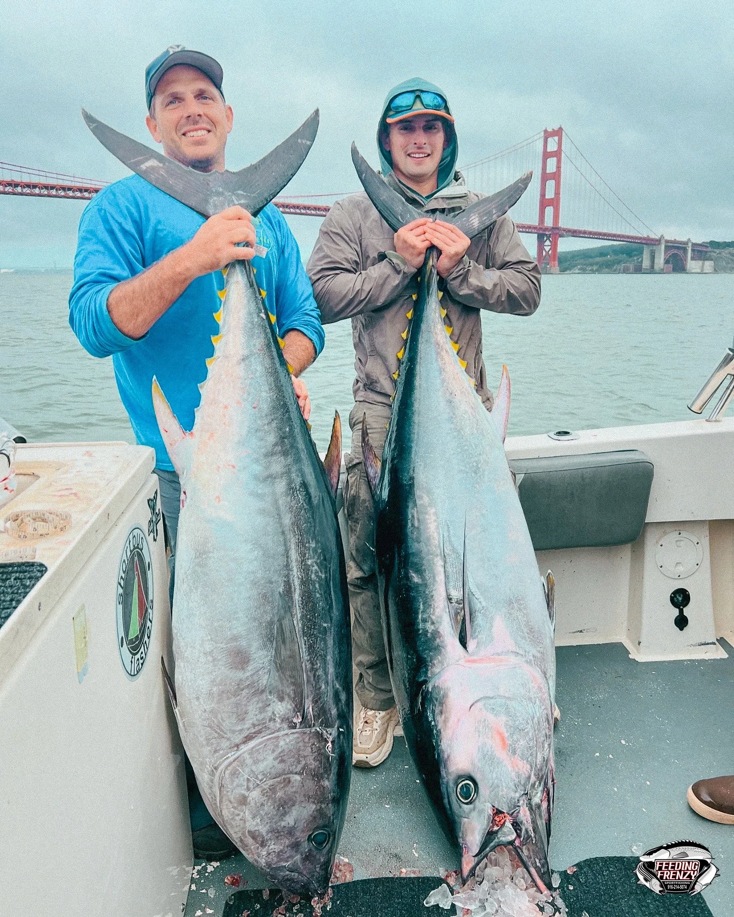 Two men on a boat holding large yellowfin tuna with the San Francisco Golden Gate Bridge in the background.