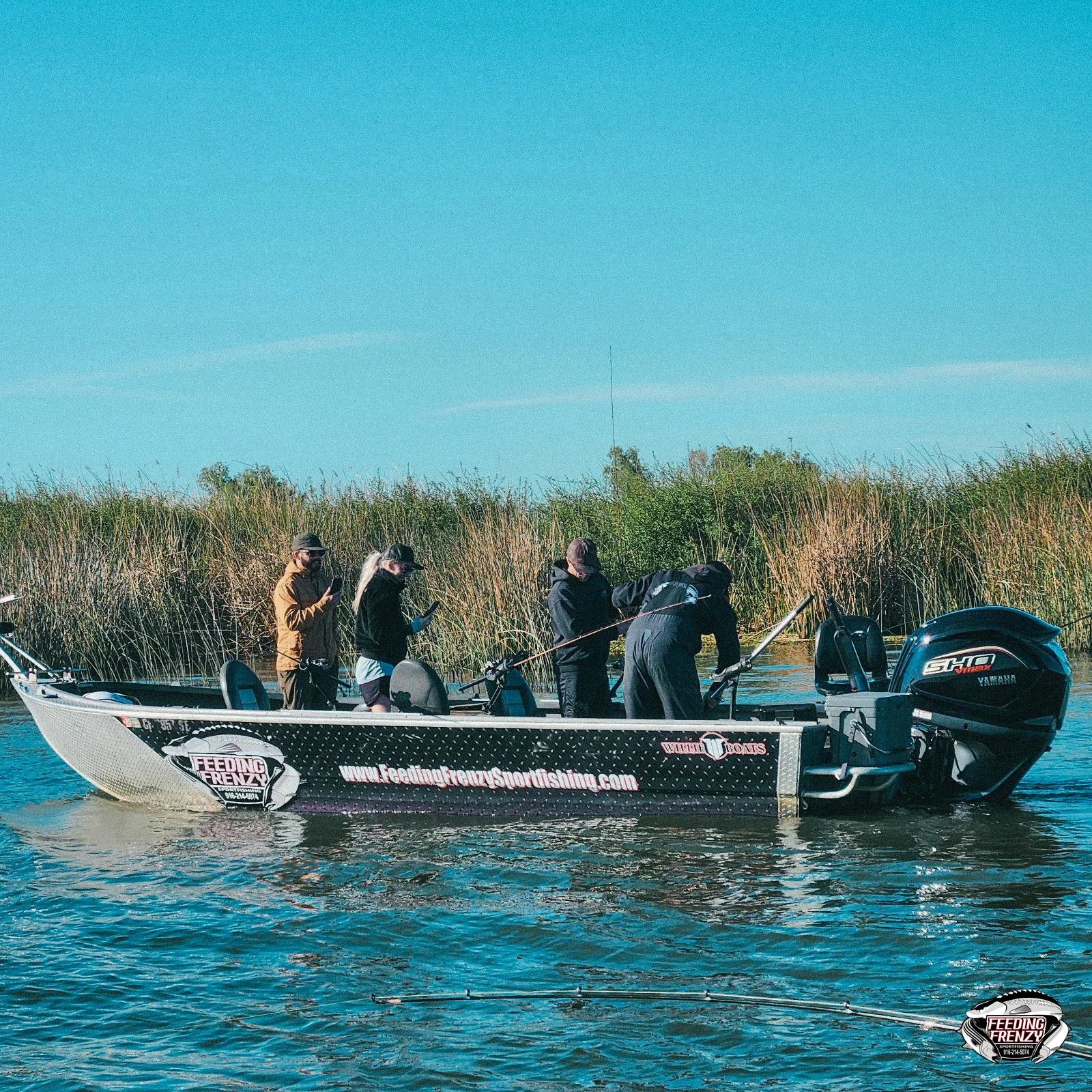 A group of people fishing from a boat on a body of water with marsh plants and blue sky in the background.